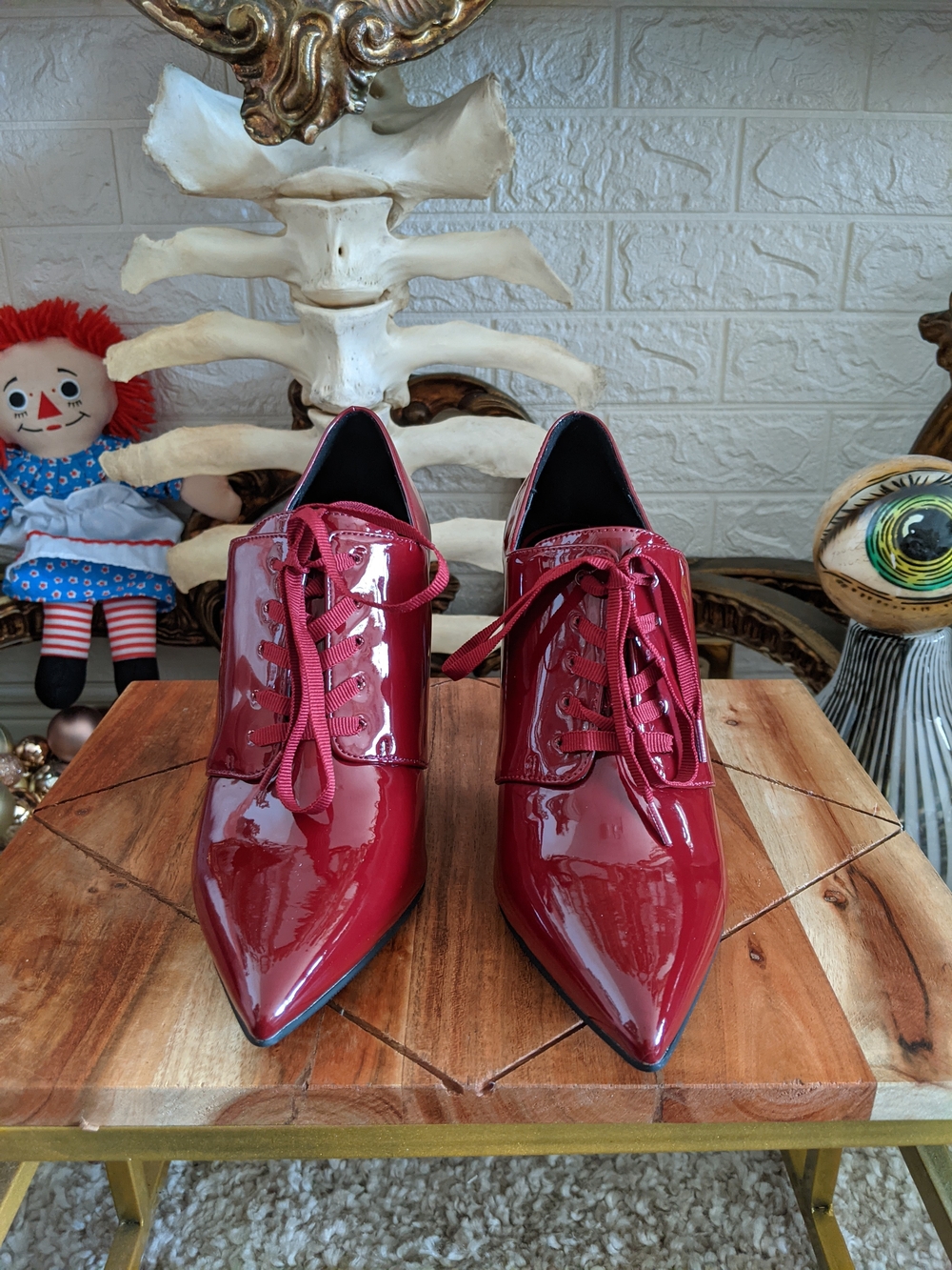 Le Chateau Patent Lace-Up Pointed Toe Heels in Red